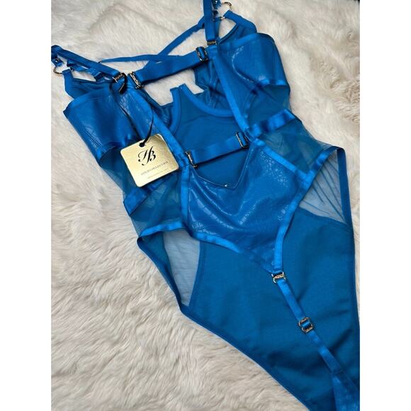 Honey Birdette MISTRESS T💙 Peacock Blue Faux Leather Bodysuit 32DDD - Picture 6 of 6